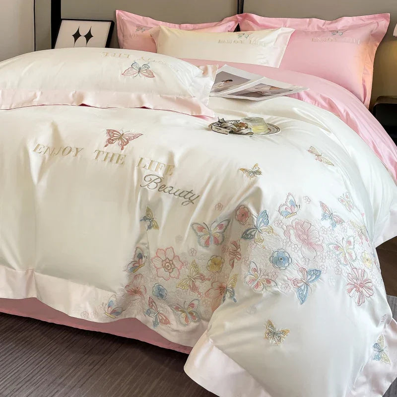 Decobites Luxury Butterfly Flowers Embroidery White/Pink Bedding Set