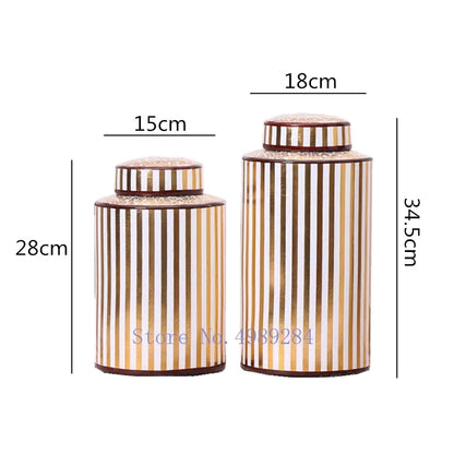 DecorBites™ Golden Stripe Ceramics Vase with Cover, Modern Storage Jar for Home Decor