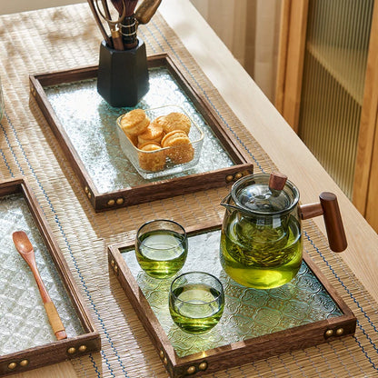 DecorBites™ Glass Wood Tea Table Tray, Rectangular Snack Food Fruit Bowl Serving Tray