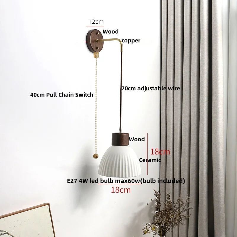 DecorBites™ Ceramic Wood Wall Sconce LED Light with Pull Chain Switch - Modern Nordic Style