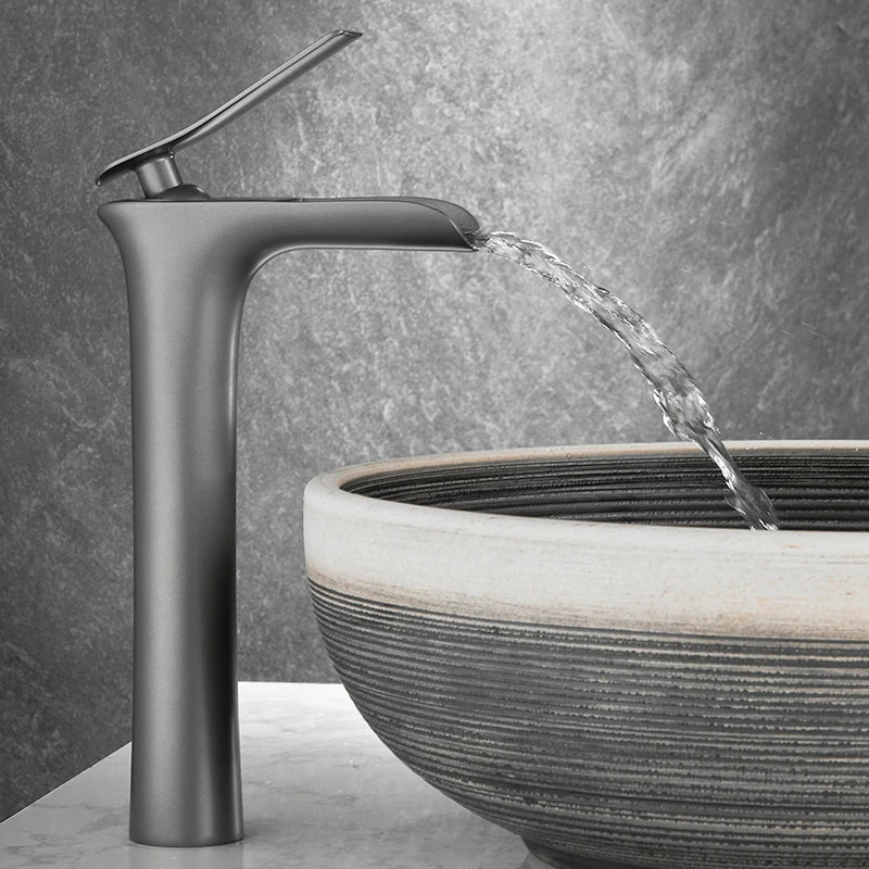 DecorBites™ Grey Waterfall Brass Basin Faucet - Hot Cold Mixer Tap for Bathroom Sink