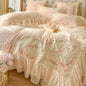 Decobites French Princess Wedding Bedding Set, Lace Ruffles, Flowers Embroidery.