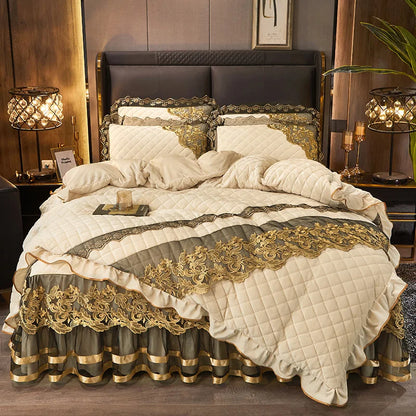 Decobites Black Gold Luxury Crystal Velvet Bedding Set with Quilted Embroidery & Ruffles