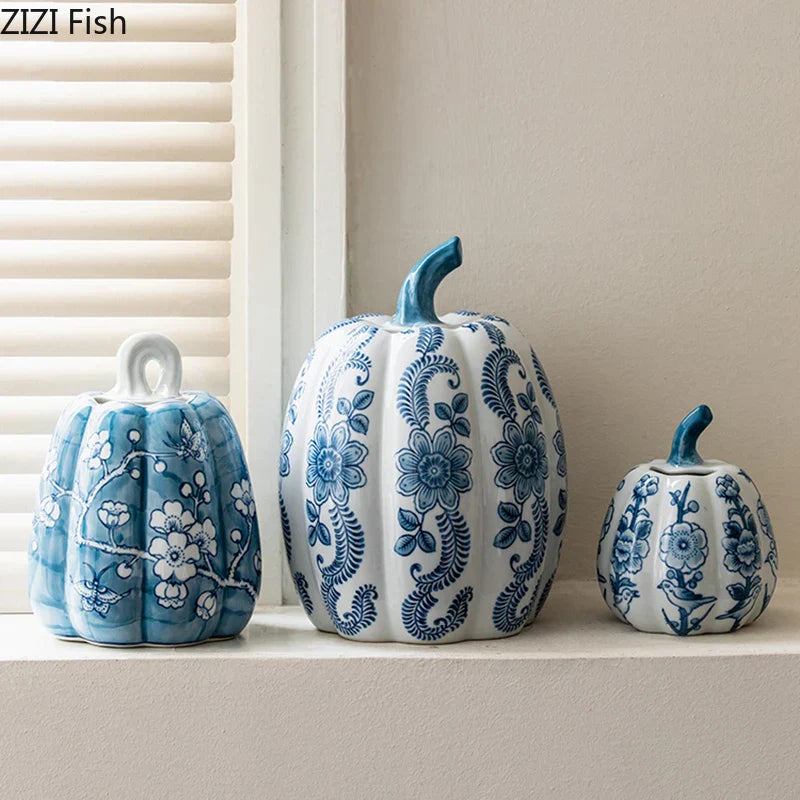 DecorBites™ Blue White Porcelain Pumpkin Vase Desk Decoration Artificial Flowers Bouquet