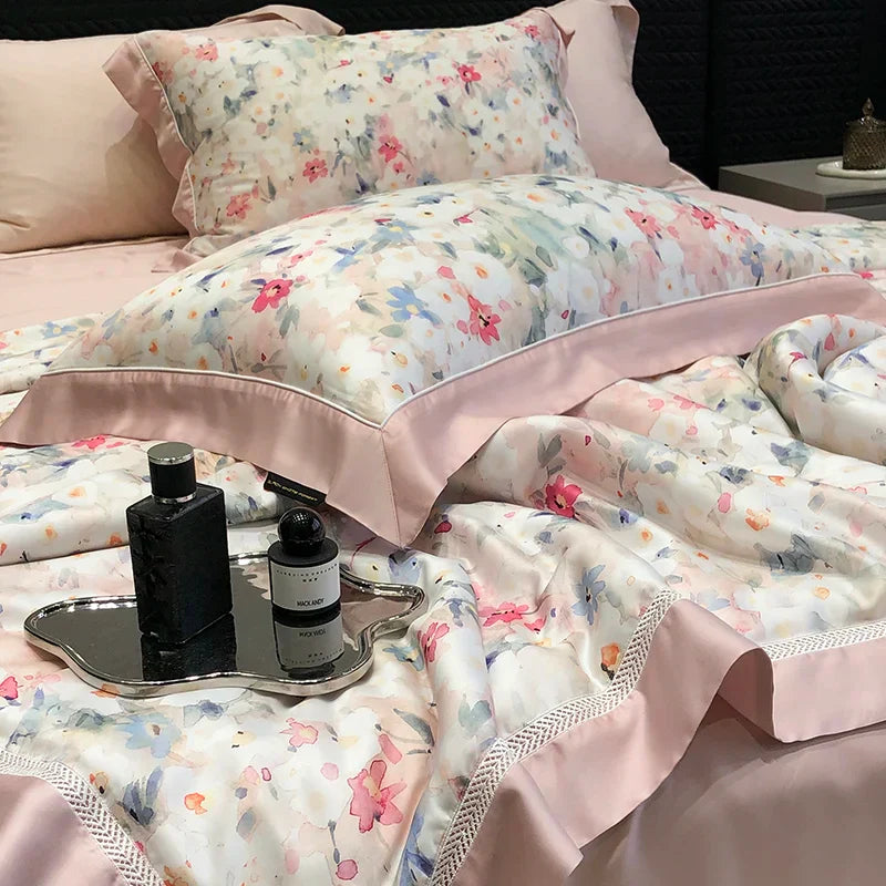 Decobites Lyocell Fiber Flowers Summer Quilt Bedding Set - Soft & Silky Comforter with Bed Sheet