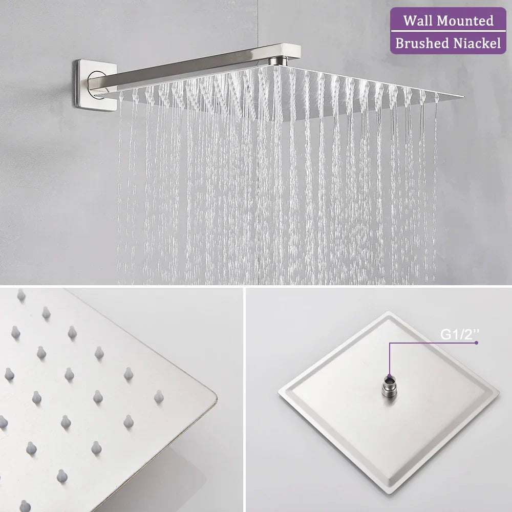 DecorBites™ Brushed Nickel Rainfall Shower Faucet Set Wall Mounted Control Valve