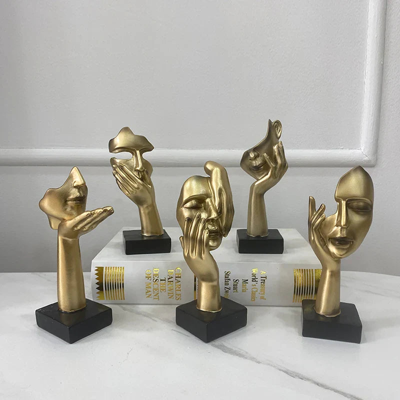 DecorBites™ Golden Abstract Mask Statue 16cm Art Figure Thinker for Home Office Decor