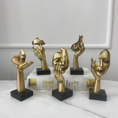DecorBites™ Golden Abstract Mask Statue 16cm Art Figure Thinker for Home Office Decor