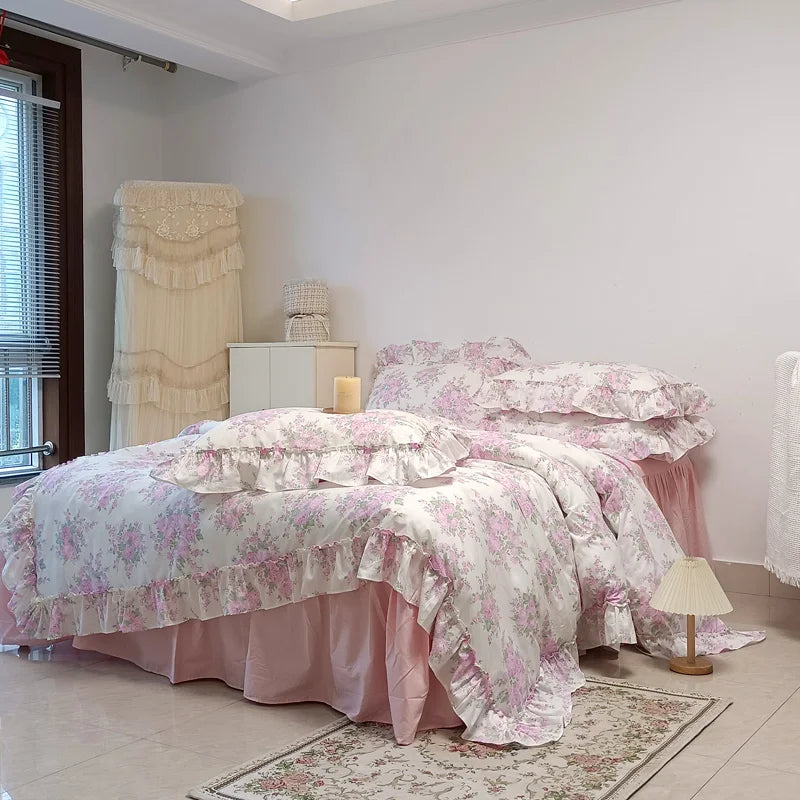 Decobites French Rose Flowers Print Lace Ruffles Cotton Bedding Set - Duvet, Bed Skirt, Sheets & Pillowcases