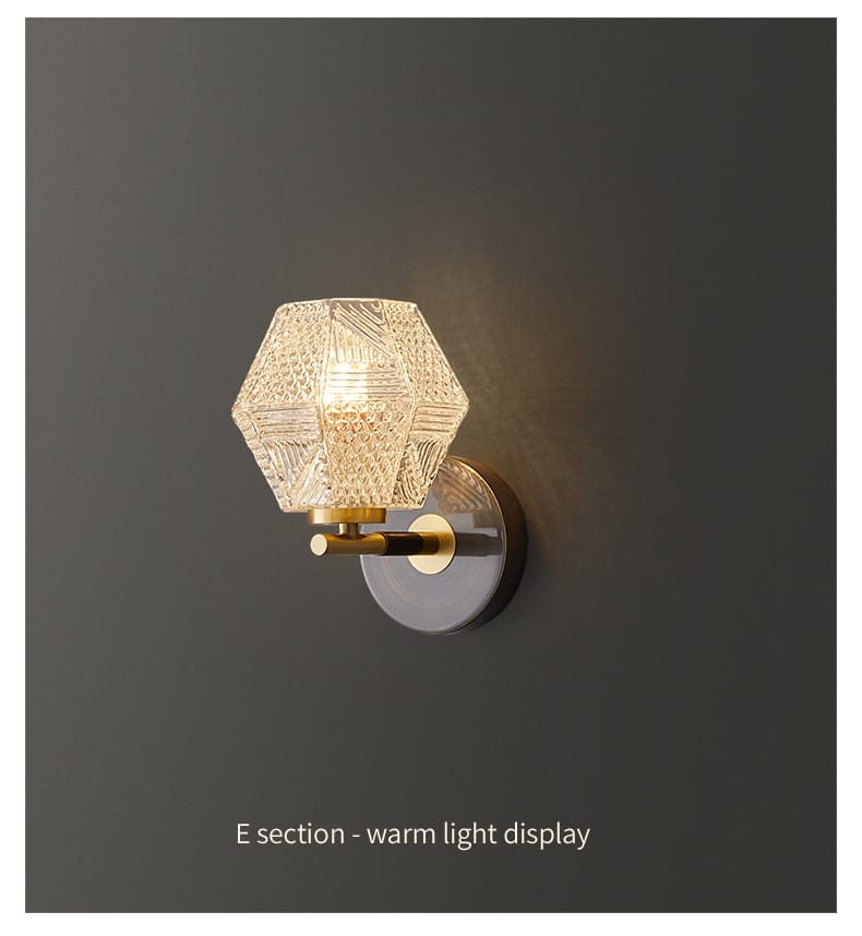 Postmodern luxury led wall lamp featuring a hexagonal glass sconce with etched geometric patterns and brass accents for bedroom lighting.