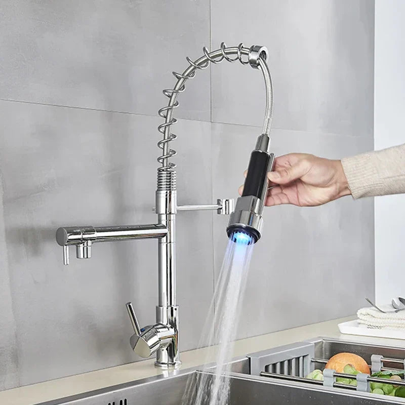 DecorBites™ LED Brushed Kitchen Faucet with Pull-Down Spring, Single Handle Swivel Spout