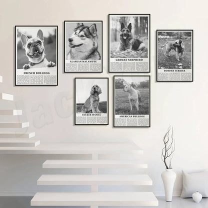 DecorBites™ Black & White Dog Breeds Poster: Greyhound, Cocker Spaniel, Akita, Malamute, Cattle Dog