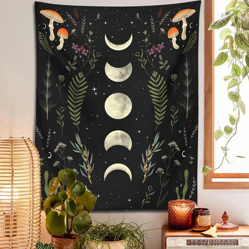 Moon Phase Mushroom Botanical Tapestry by Decobites for Boho Home Decor