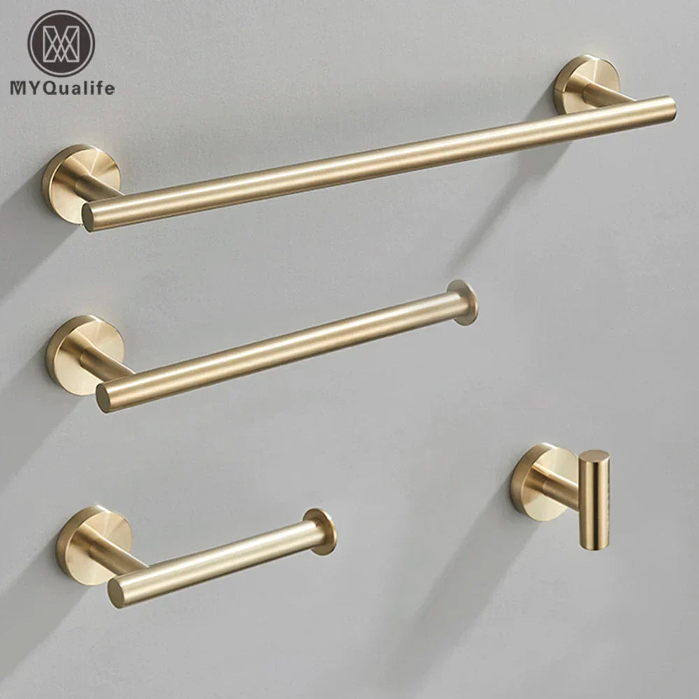 DecorBites™ Brushed Gold Bathroom Hardware Set: Towel Bar, Paper Holder, Robe Hook