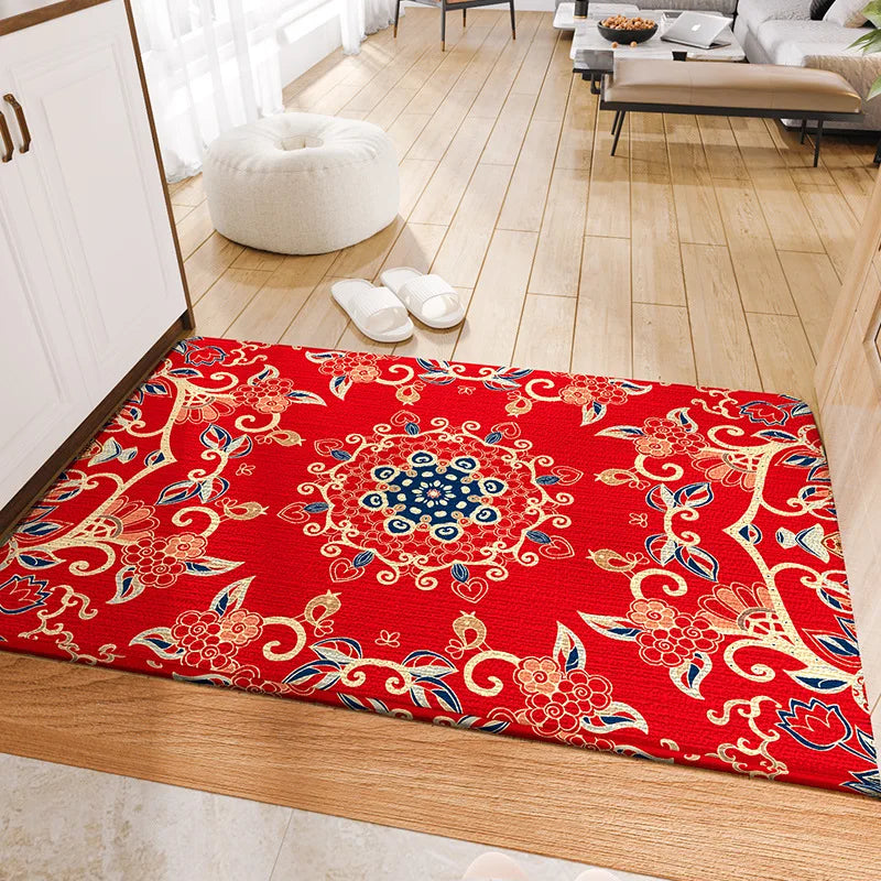 Decobites Red Tech Velvet Entrance Doormat: New Chinese Style, Anti-slip, Wear-resistant & Easy To Clean