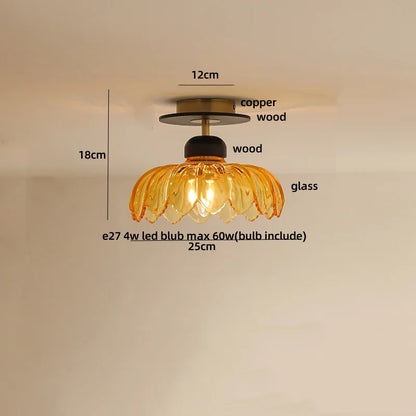 DecorBites™ Amber Ice Crack Glass Wood Ceiling Light - Nordic Modern LED Fixture