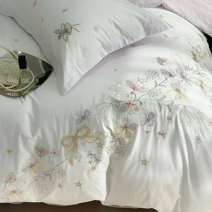 Decobites Princess Flower Bow Angel Embroidery Bedding Set