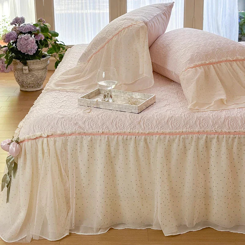 Decobites Silky Eucalyptus Fiber Bedspread Set with Lace Bed Skirt & Pillowcases