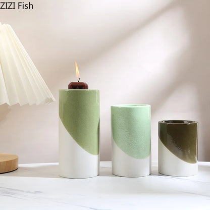 DecorBites™ Green Cylinder Candle Holder Set for Romantic Home Decor
