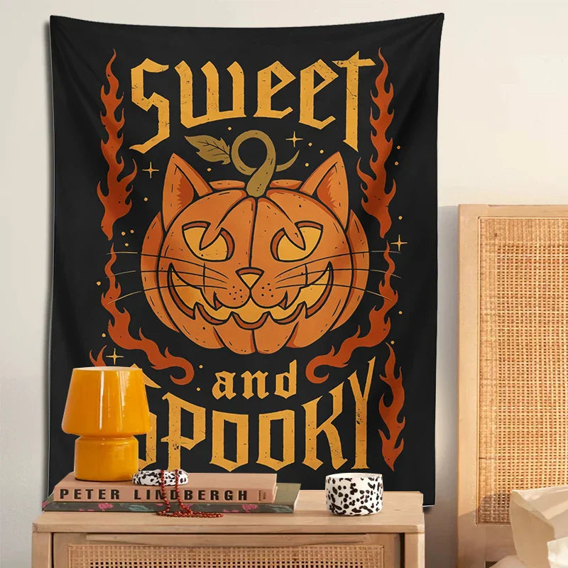 Decorbites™ Tapiz de gato de Halloween colgante de pared para decoración hogareña dulce y espeluznante