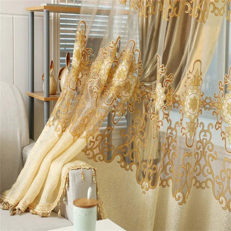 DecorBites™ Jacquard Light Brown Blackout Curtains - Luxury Shading Window Valance for Living Room & Bedroom