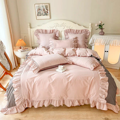 Decobites Pink Korean Princess Pleat Ruffles Cotton Bedding Set - 3/4Pcs