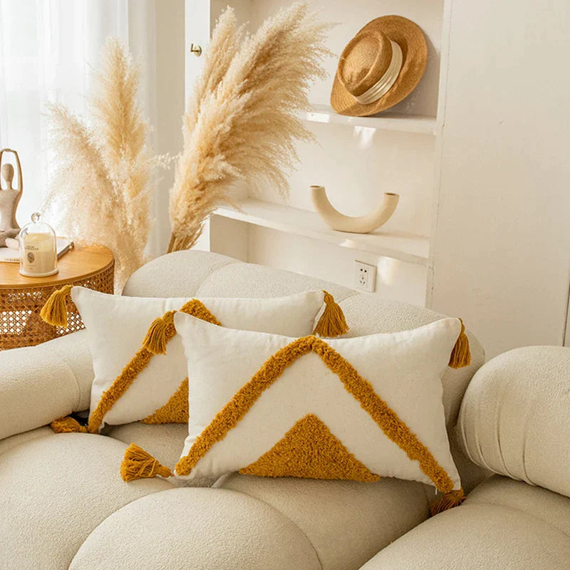 DecorBites™ Golden Yellow Geometric Tufted Tassel Cushion Cover - Modern Boho Home Decor