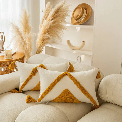 DecorBites™ Golden Yellow Geometric Tufted Tassel Cushion Cover - Modern Boho Home Decor