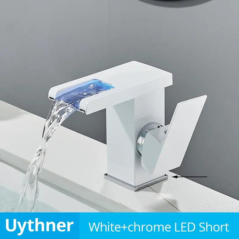 Grifo mezclador de agua fría y caliente con cascada LED DecorBites™ para lavabo de baño, montaje sobre encimera