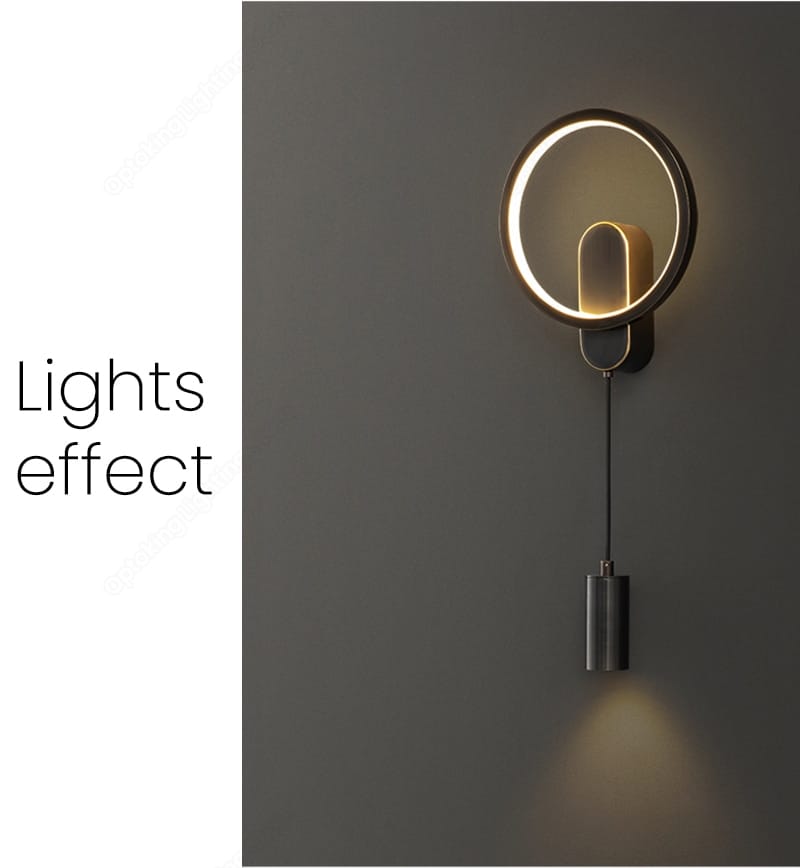 Modern nordic led wall lamp in black gold featuring a circular wall sconce with a glowing ring and sleek metallic finish with an elegant pendant light below.