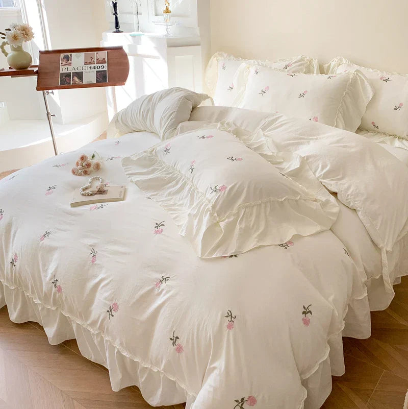 Decobites Rose Flowers Ruffle Lace Bedding Set, Washed Cotton Duvet Cover, Skin Friendly