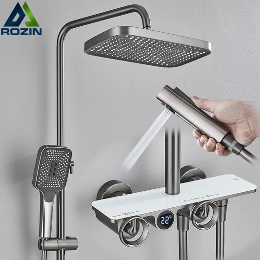 DecorBites™ Grey Thermostatic Digital Shower Faucet Set with Rainfall System