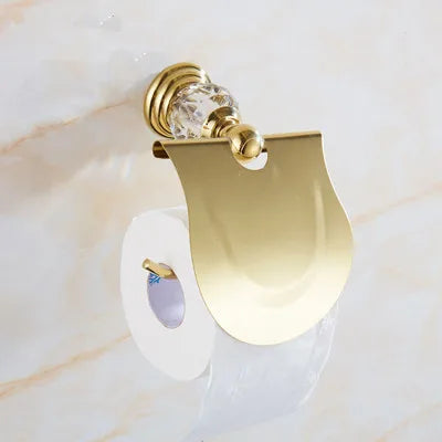 DecorBites™ Brass and Crystal Bathroom Accessories Set: Shelf, Robe Hook, Paper Holder, Brush Holder