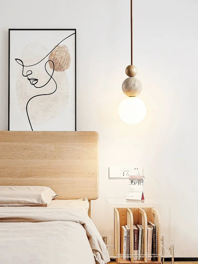 Lámpara colgante LED DecorBites™ estilo crema para dormitorio, diseño en madera y piedra