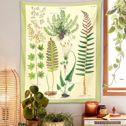 Decobites Ferns Tapestry: Botanical Floral Illustration Chart Wall Art - Boho Decor