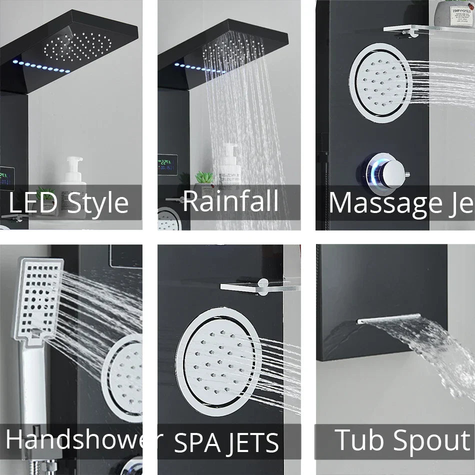 DecorBites™ LED Rainfall Shower Panel Set with Temperature Screen System and Hand Sprayer