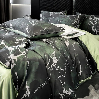 Decobites Black Grey Marble Ice Silk Duvet Cover Set - Luxury Cooling Comfort, Nordic Style