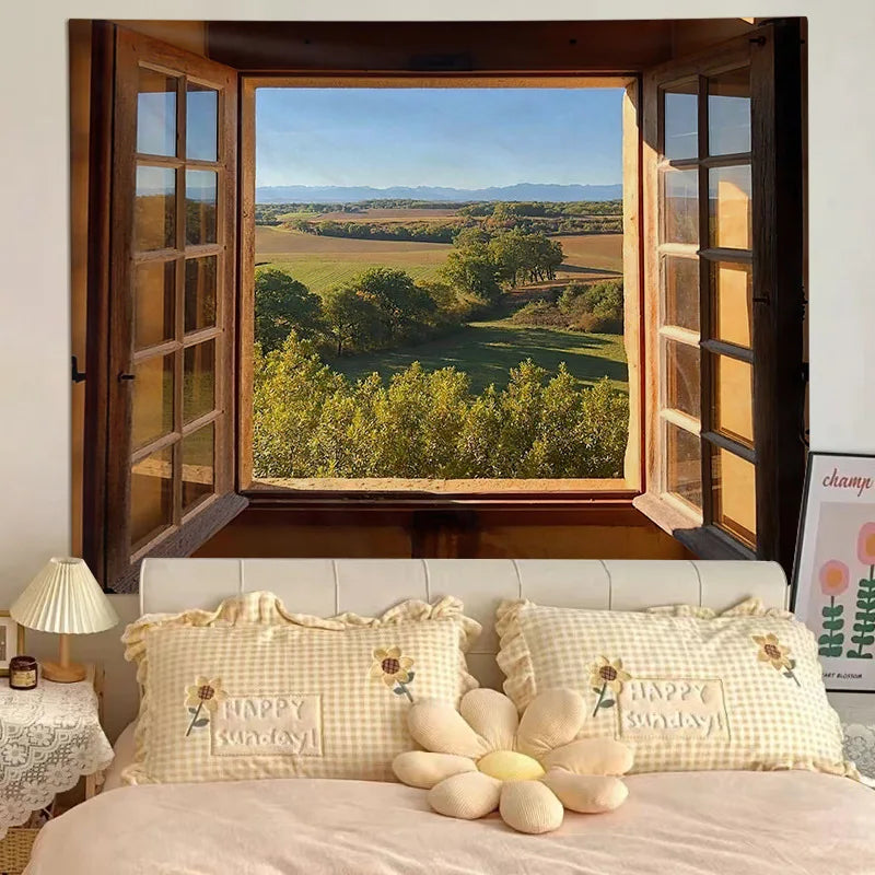 Decobites Window View Digital Printed Wall Tapestry Decor Fabric Poster