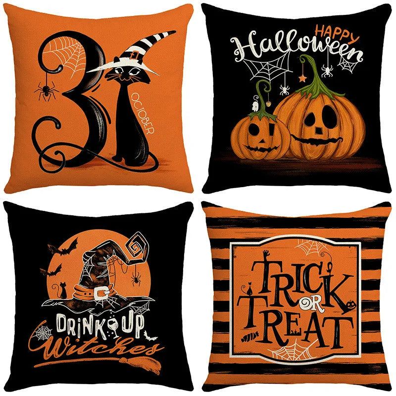 DecorBites™ Halloween Pillowcase Set - Festive Sofa Cushion Covers with Pumpkin Cat Witch Hat Print.