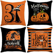 Decorbites™ Halloween-Kissenbezug-Set – Festive Bezüge für Sofakissen mit Druck von Kürbis, Katze und Hexenhut.