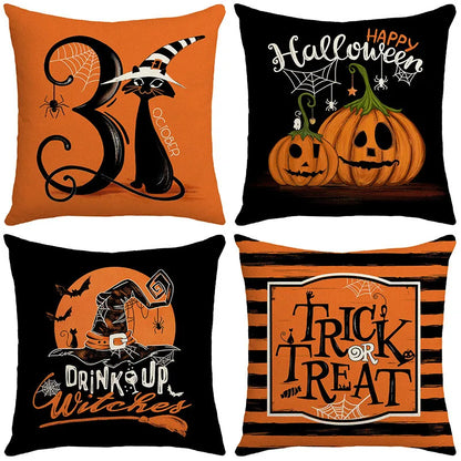 DecorBites™ Halloween Pillowcase Set - Festive Sofa Cushion Covers with Pumpkin Cat Witch Hat Print.