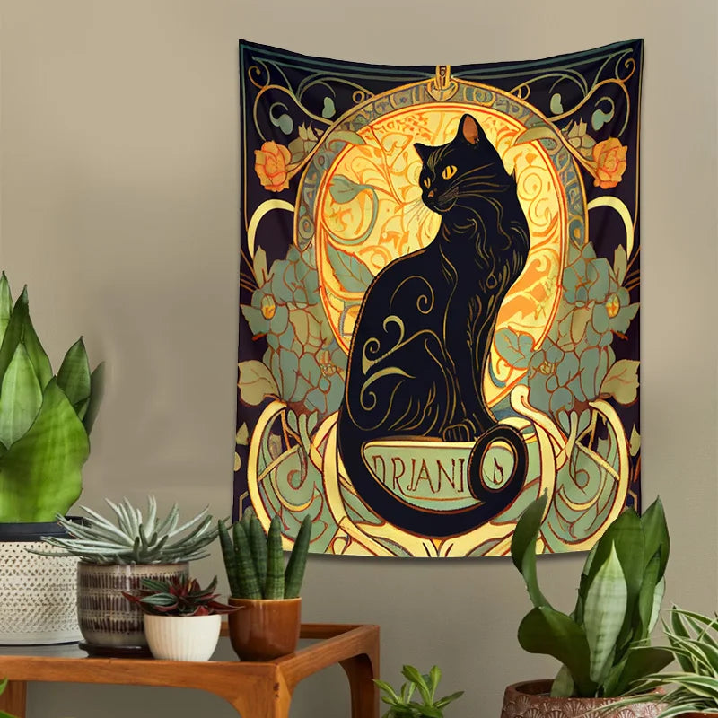 Decobites Black Cat Tapestry Wall Hanging Art Nouveau Floral Boho Decor