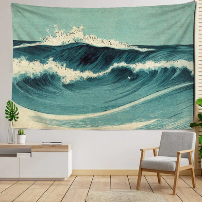 Decobites Blue Wave Oil Painting Tapestry Wall Hanging for Bohemian Style Room Decor