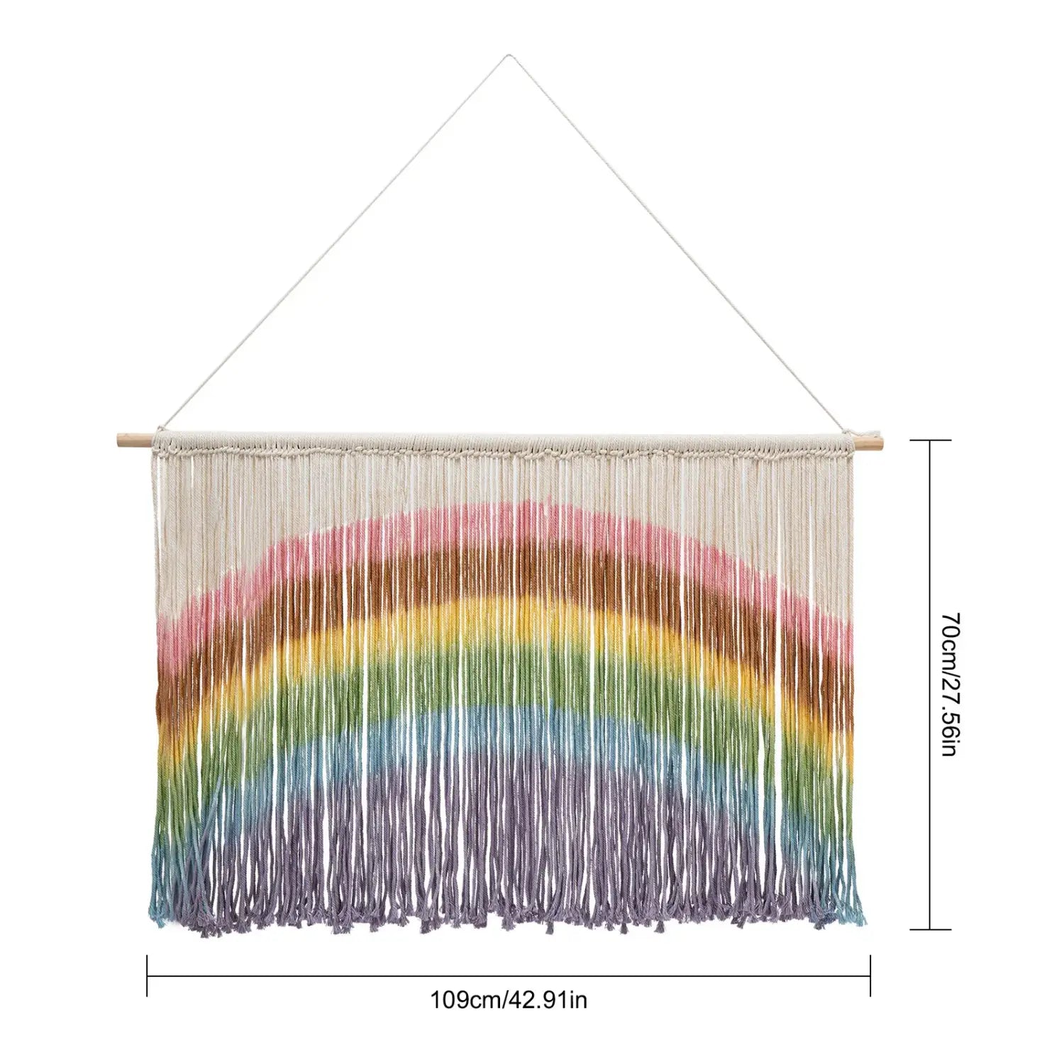 DecorBites™ Handmade Weaving Wall-mount Rainbow Macrame Decor Wall Hanging Colorful Tie-dyeing Tapestries w/Wood Stick
