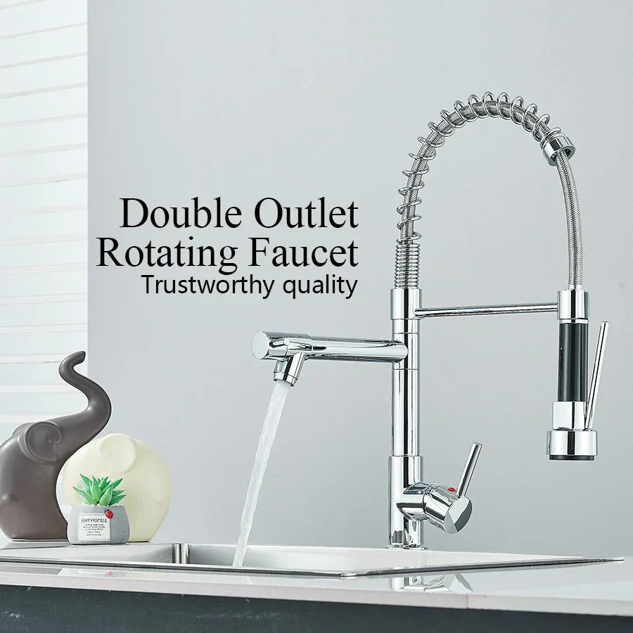 DecorBites™ Dual Spout Brass Kitchen Sink Faucet with 360° Rotation - Chrome