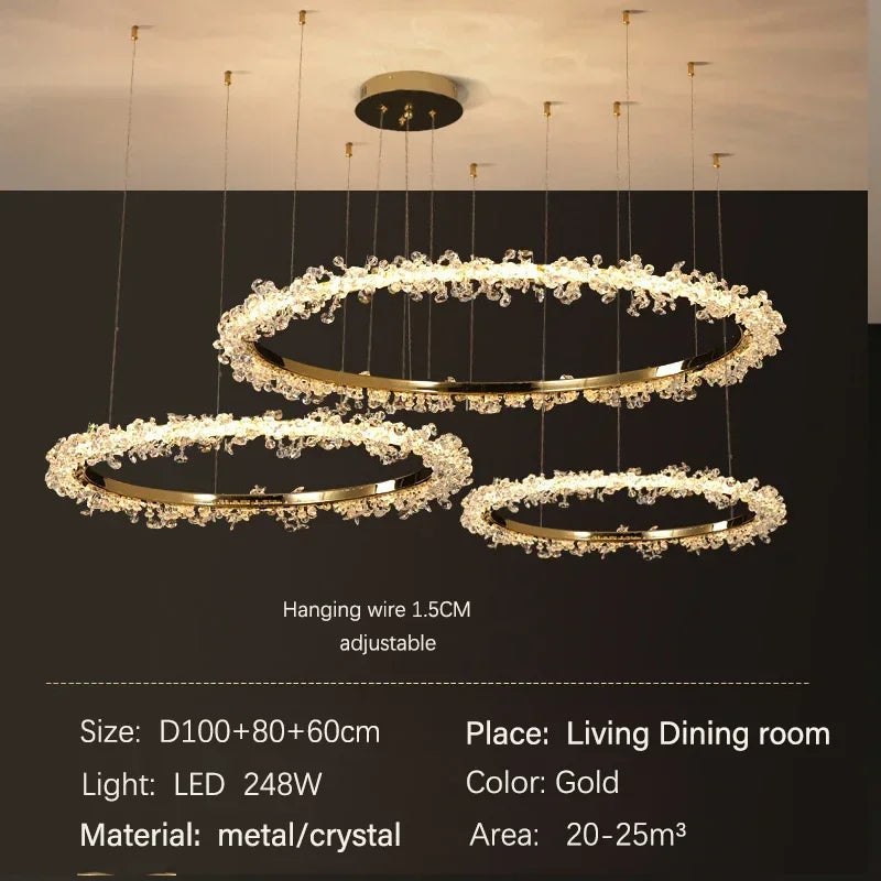DecorBites™ Golden Round Crystal Chandelier | Nordic Luxury LED Halo Chandelier for Living Room