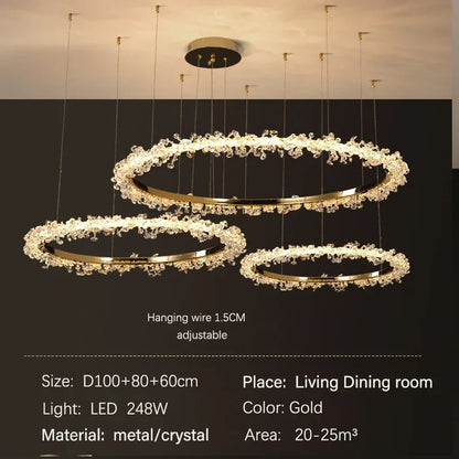 DecorBites™ Golden Round Crystal Chandelier | Nordic Luxury LED Halo Chandelier for Living Room