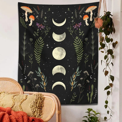 Moon Phase Mushroom Botanical Tapestry by Decobites for Boho Home Decor