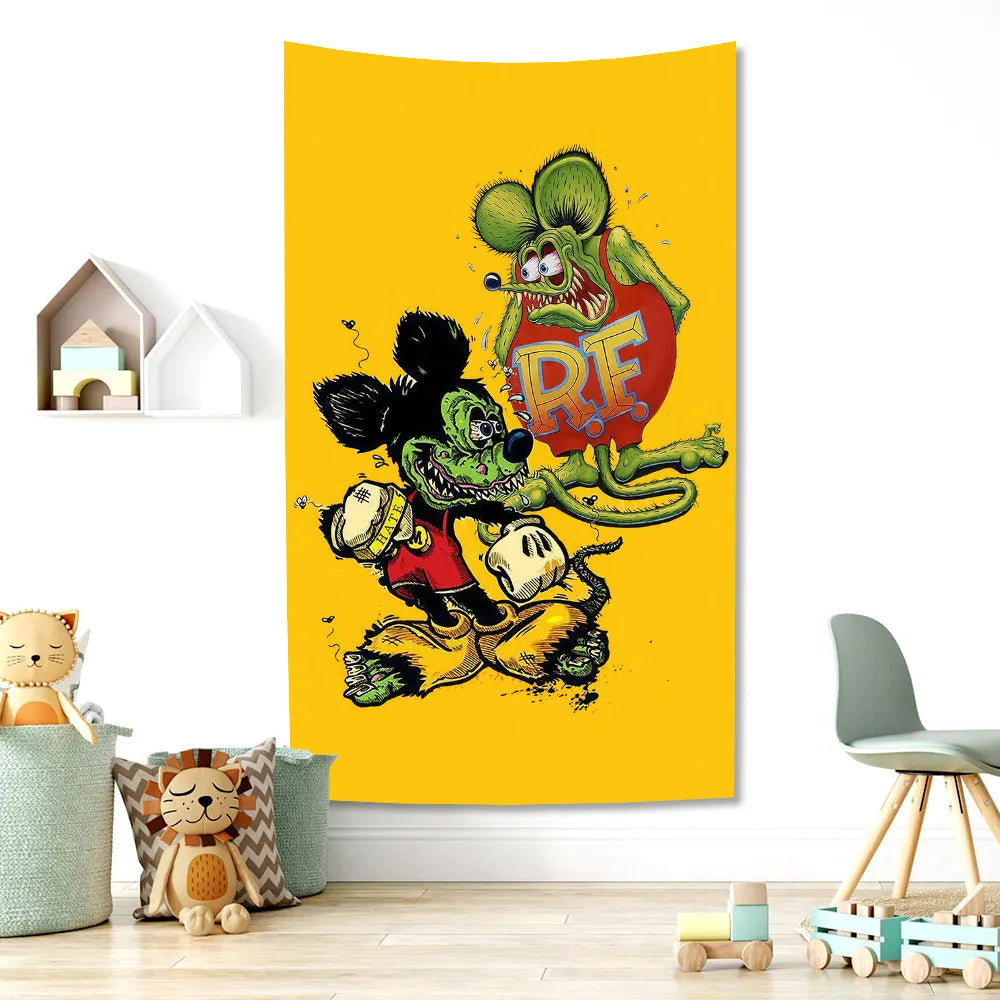 Decobites Rat Fink Fashion Tapestry Funny Meme Print Cloth Wall Decor for Home or Garage