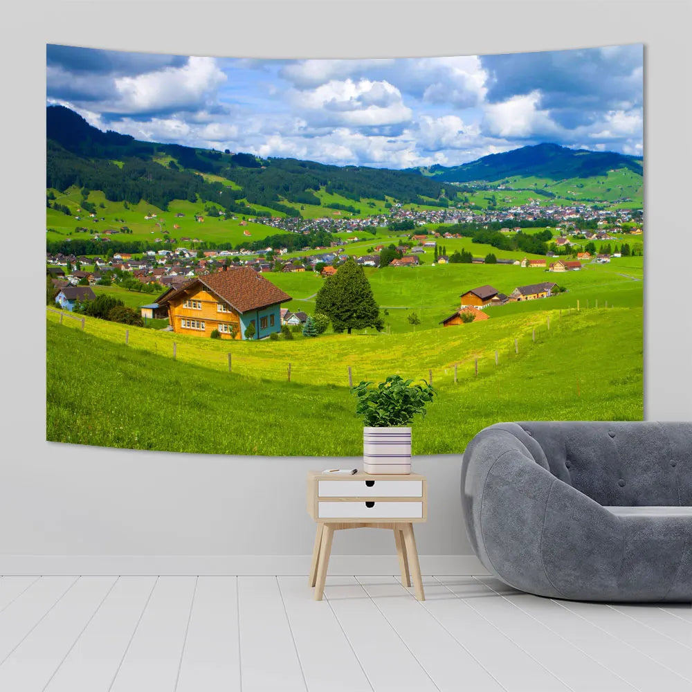 Decobites Scenic Hanging Tapestry: Green Grass Blue Sky Nature Print for Home Decor